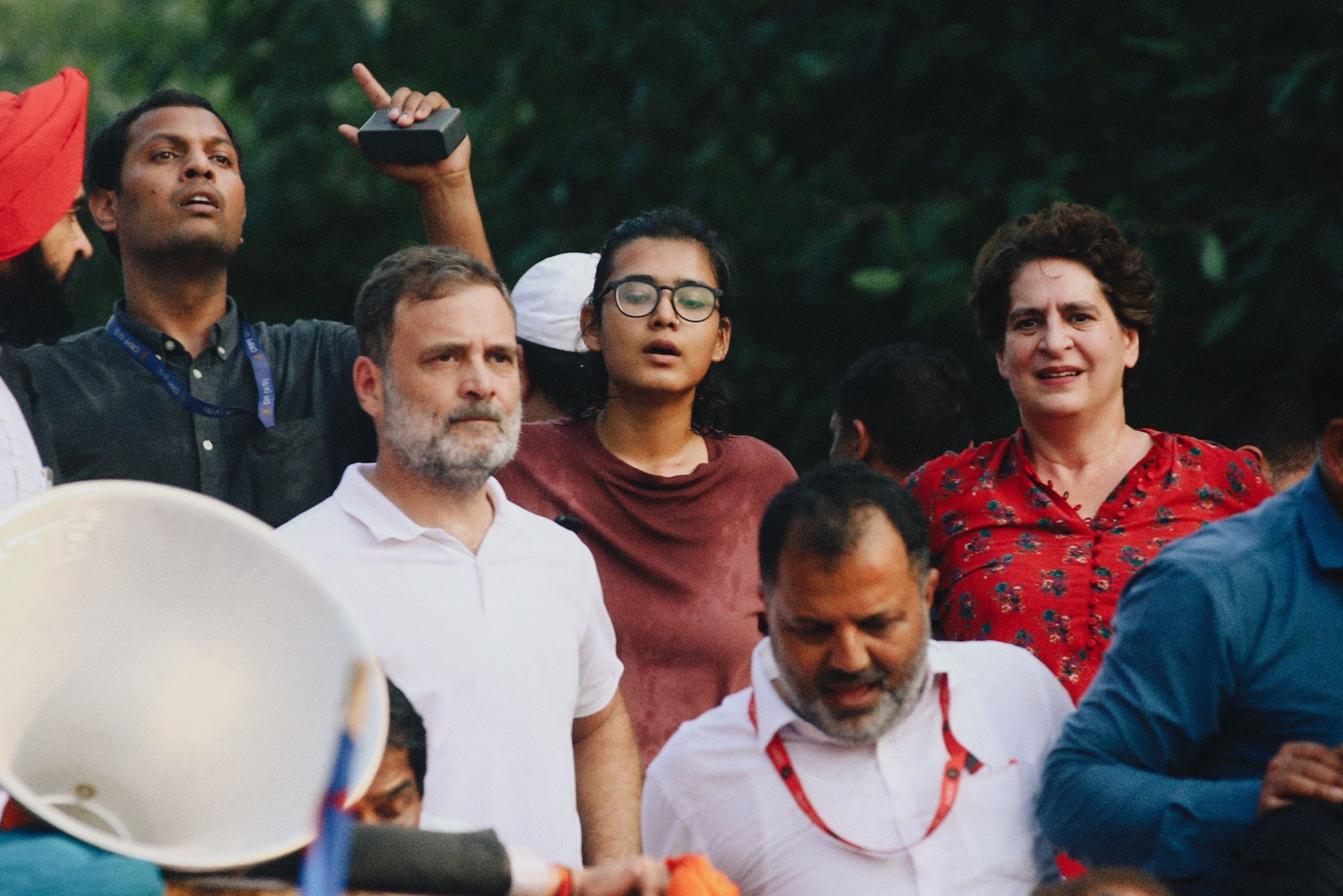 Congress leaders Rahul Gandhi, Priyanka Gandhi Vadra and AISA leader Neha Bora participate in the protest march in Delhi on Monday | Photo: Manisha Mondal | ThePrint