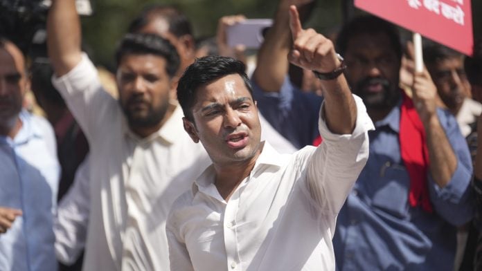 Trinamool Congress (TMC) MP Abhishek Banerjee during a demonstration as part of the INDIA bloc's march towards the Election Commission of India office, demanding the resignation of Chief Election Commissioner Gyanesh Kumar, in New Delhi, Tuesday, Oct. 6, 2026. (PTI Photo/Karma Bhutia)