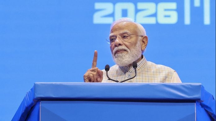 Prime Minister Narendra Modi addresses the gathering during the inauguration of the 10th edition of the India Mobile Congress (IMC) 2026, in New Delhi. (PMO via PTI Photo)