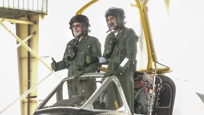 Chief of Air Staff Air Chief Marshal AP Singh with his former instructor Wing Commander (retd) VS Kochar inside the cockpit of an aircraft after undertaking a final sortie at the Air Force Academy, in Dundigal, Telangana, Tuesday, Oct. 20, 2026. | PTI Photo