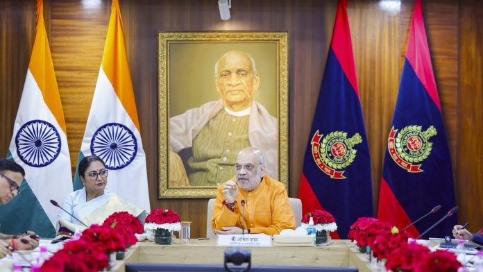 Union Home Minister Amit Shah and Delhi Chief Minister Rekha Gupta during a review meeting at Delhi Police Headquarters