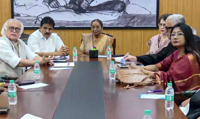 Former Lok Sabha speaker Meira Kumar, Congress leaders Jairam Ramesh, KC Venugopal and Priyanka Gandhi Vadra, TMC leader Derek O'Brien, JMM leader Mahua Maji and others during a meeting of INDIA bloc leaders at Leader of Opposition in Rajya Sabha Mallikarjun Kharge's residence, in New Delhi, Thursday, Oct. 29, 2026. | PTI Photo
