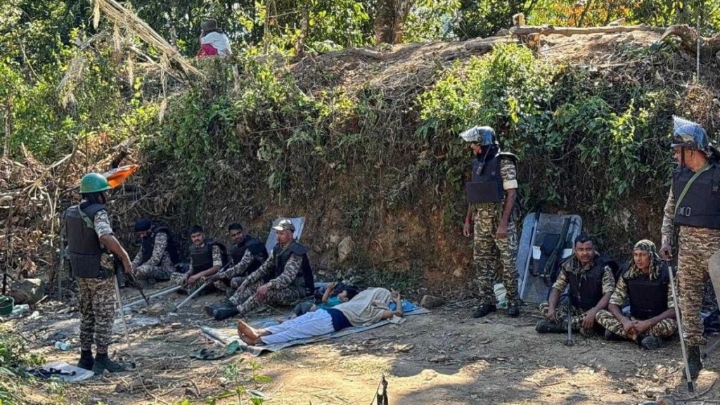 Security personnel rest as protests continue in Komkar-Yingkiong region. Vitasta Kaul | ThePrint