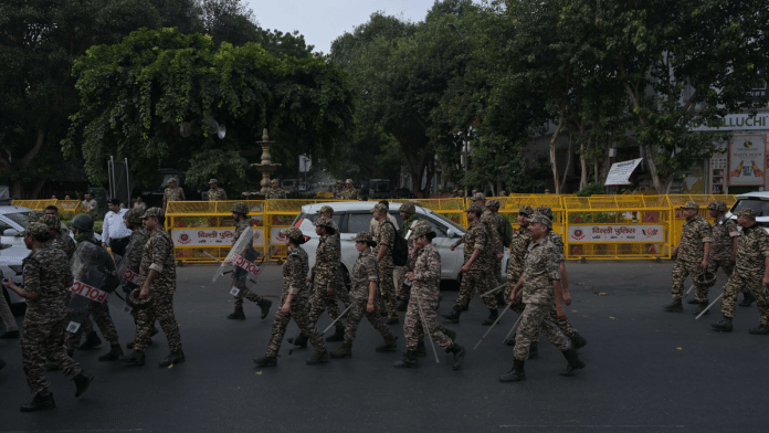 Security forces in Central Delhi prevented protesters from reaching Jantar Mantar on 10 October | Suraj Singh Bisht/ThePrint