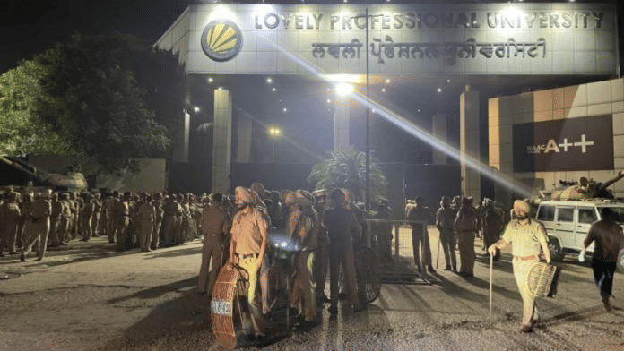 File photo of police personnel posted at Lovely Professional University (LPU) after a two-day student protest turned violent in last week of September | Alisha Dutta | ThePrint