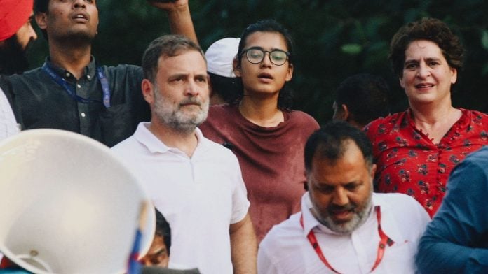 Congress leaders Rahul Gandhi, Priyanka Gandhi Vadra and AISA leader Neha Bora participate in the protest march in Delhi earlier this week | Photo: Manisha Mondal | ThePrint