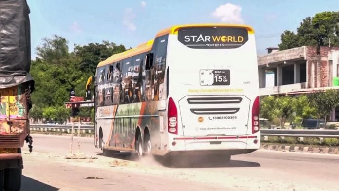 The damaged sleeper bus after it was attacked with stones and bricks near a dhaba in Haryana while travelling from Delhi to Srinagar, in Jammu Sunday. | ANI video grab