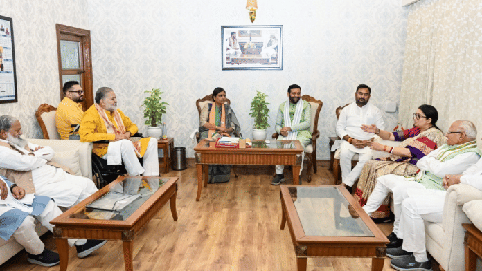 Smriti Irani with party leaders including Union Minister Manohar Lal and CM Nayab Saini. | Special arrangement