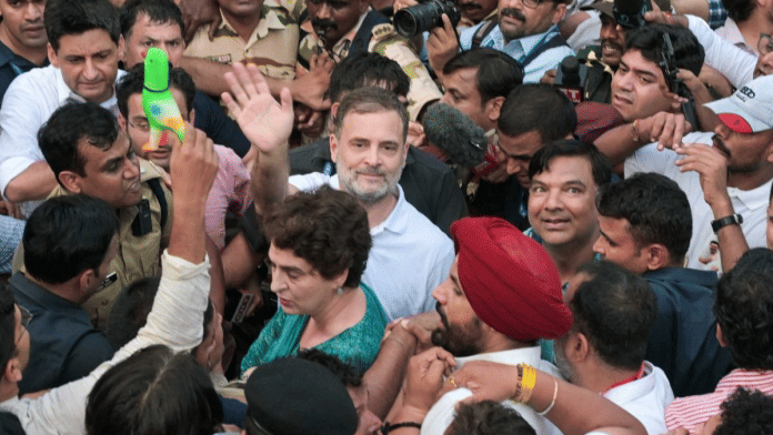Congress leaders Rahul Gandhi, Priyanka Gandhi Vadra and others during their protest against Chief Election Commissioner (CEC) Gyanesh Kumar at the roundabout near Delhi’s Shangri-La Hotel. | Suraj Singh Bisht | ThePrint