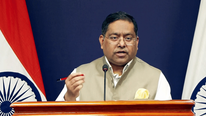 MEA Spokesperson Randhir Jaiswal addresses a media briefing in New Delhi on Friday. | ANI