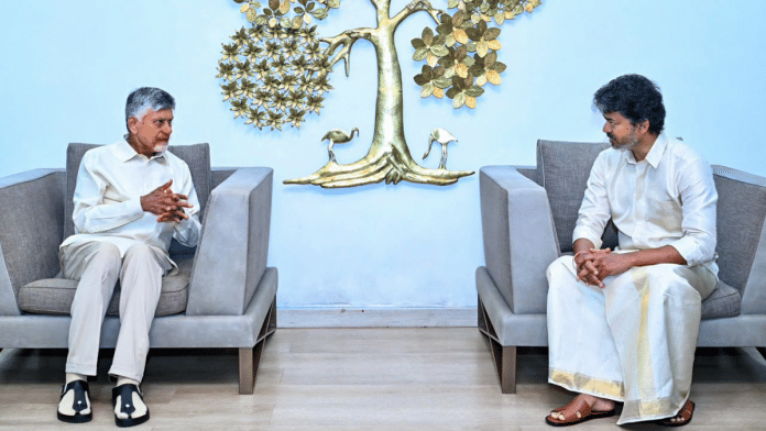 Andhra Pradesh Chief Minister N. Chandrababu Naidu interacts with Tamil Nadu Chief Minister C. Joseph Vijay on Tuesday. | CMO/ANI Photo