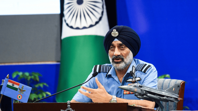 IAF Chief Marshal AP Singh addresses press conference at Air Force auditorium, Subroto Park, in New Delhi on Saturday. | ANI
