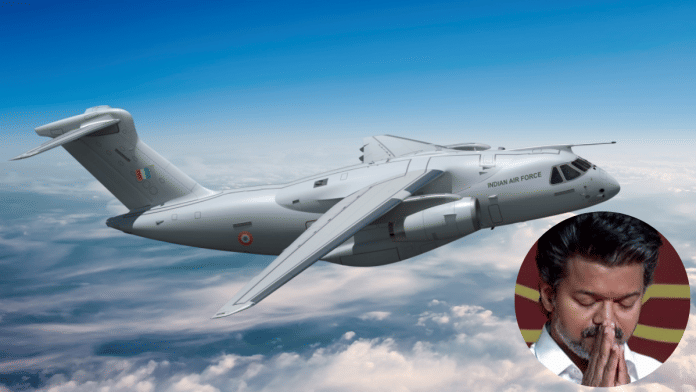 Tamil Nadu CM Vijay (inset) and his TVK govt are facing flak after Embraer and Mahindra identified Nagpur as the potential location for a final assembly line for the C-390 Millennium military transport aircraft | Embrarer/X