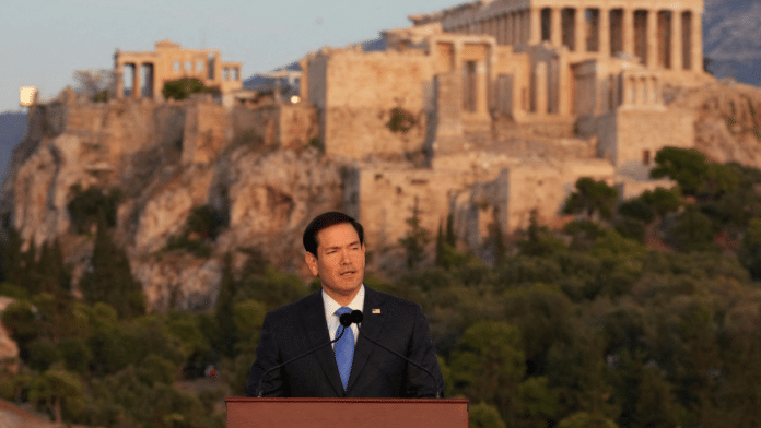 US Secretary of State Marco Rubio speaks at the Pnyx hill, where ancient Athenians held democratic assemblies, with the ancient Parthenon temple atop the Acropolis in the background, in Athens | Mark Schiefelbein/Pool via REUTERS