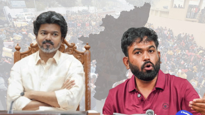 Both Tamil Nadu CM Vijay and CJP's Abhijeet Dipke draw their strength from the massive following of youngsters. The tussle for youth support is likely to intensify in Tamil Nadu | Featured image by Heena Fatima/Tony Rai | ThePrint