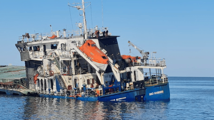 The Royad Mammadov ship in the Black Sea after a fire aboard the vessel outside Romania's territorial waters left two people dead and prompted a rescue operation | Romanian Interior Ministry/Handout via REUTERS