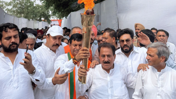 Subhash Sudha (front row, second from right) made the remarks after attending a Seva Jyoti Kalash Yatra programme in Kurukshetra on 7 Oct to mark PM Modi's completion of 25 years in public office. | Facebook/@Subhash Sudha