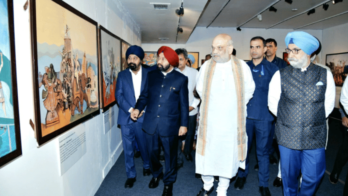 Rajya Sabha MP Vikramjit Singh Sahney (first from left) with Union Home Minister Amit Shah and Delhi LG Taranjit Singh Sandhu on Wednesday. | Mayank Kumar/ThePrint