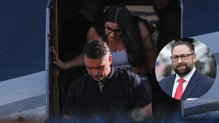 Brazilian Senator Flavio Bolsonaro disembarks from the plane after arriving at Opa-locka Executive Airport near Miami, Florida on 28 2026. Inset Ex-India lobbyist Jason Miller. | Reuters. | X/@JasonMiller