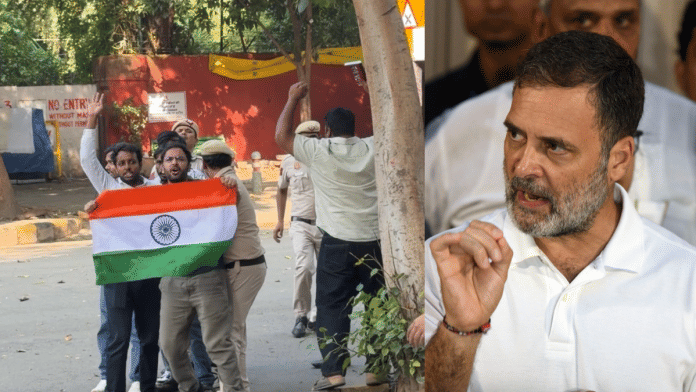 Ashutosh Ranka & Saurav Das (not seen in pic) were detained Tuesday after they 'sneaked' in to Jantar Mantar after it was denotified as a protest site. It is the first time that Congress leader Rahul Gandhi (right) has come out in support of CJP | X/@abhijeet_dipke