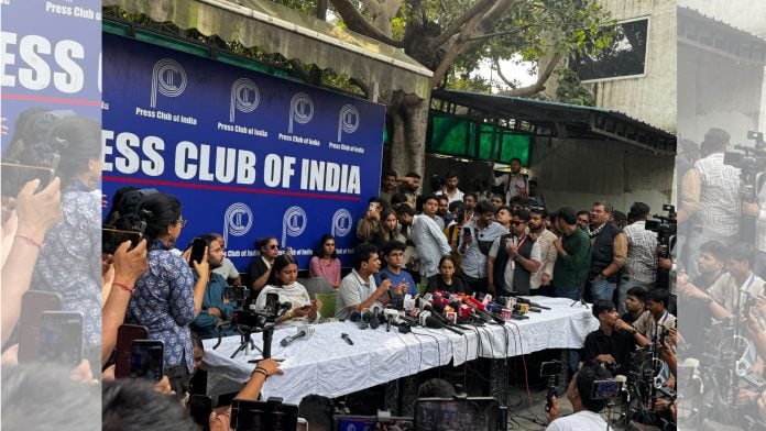 CJP leaders Ashutosh Ranka, Ratna Singh & Saurav Das with SFI's Aishe Ghosh and Adarsh M. Saji, at Press Club of India in New Delhi on Sunday | Sagrika Kissu | ThePrint