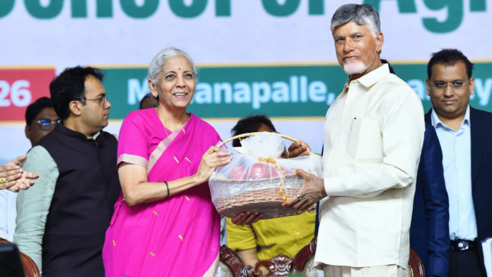Union Finance Minister Nirmala Sitharaman with Andhra Pradesh CM N Chandrababu Naidu at the foundation stone laying ceremony for the global horticulture hub on Friday | X/@ncbn
