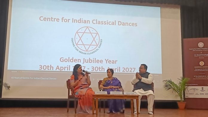 BJP MP Bansuri Swaraj, veteran artist Sonal Mansingh and Rajya Sabha MP Sasmit Patra at the Swarnika Samvaad held at Delhi's India International Centre on 24 October | Photo: Krishan Murari | ThePrint