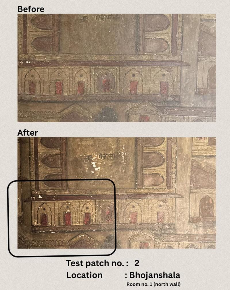 एक छोटा टेस्ट पैच भोजनशाला में भित्ति चित्र पर सफाई के असर को दिखाता है | फोटो: स्पेशल अरेंजमेंट