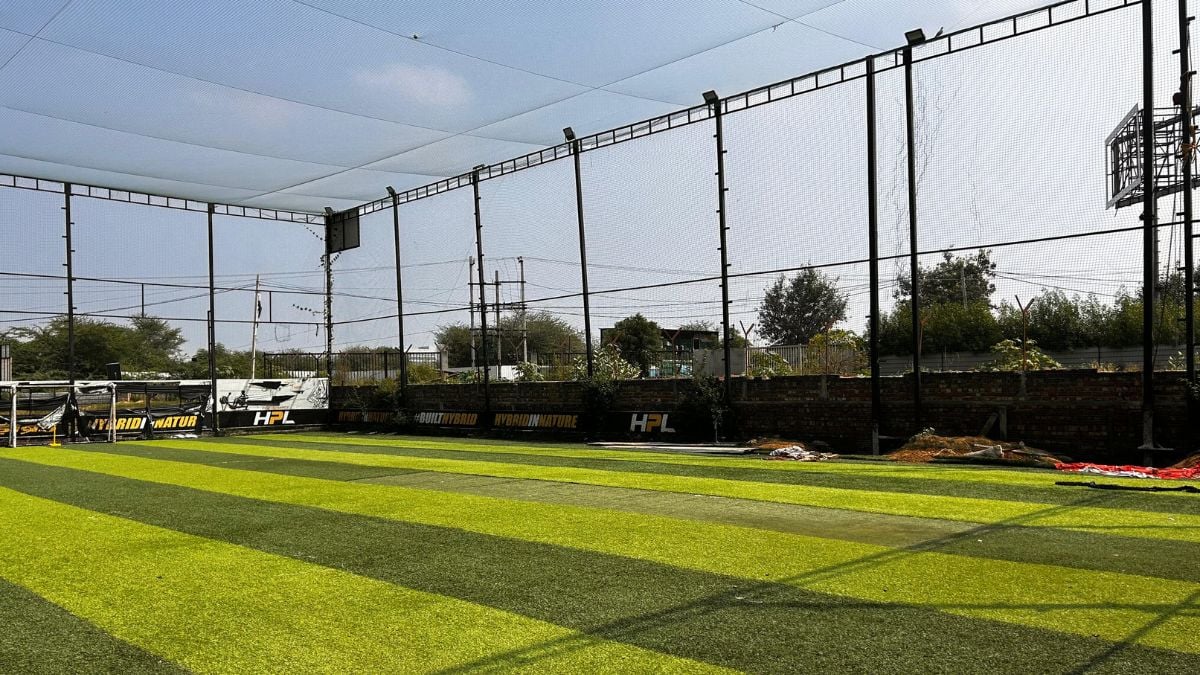 An indoor-lit box cricket turf at Fluxon Sports in Sector 58, Gurugram, where Kumar manages bookings and coaches players | Photo: Manisha Mondal | ThePrint