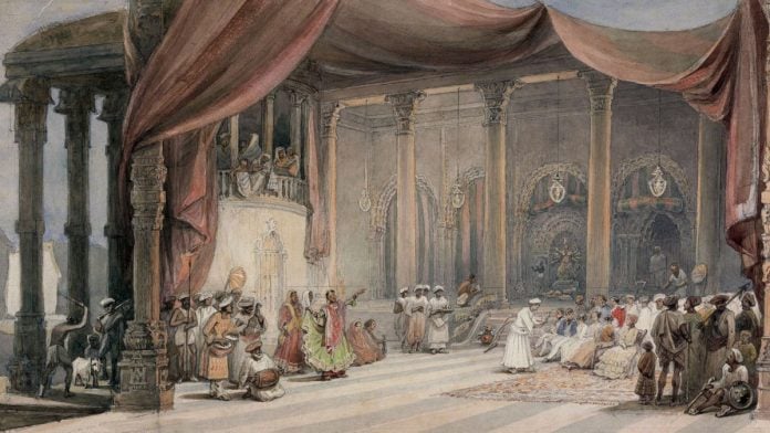 Europeans being entertained by dancers and musicians in a splendid Indian house in Calcutta during Durga Puja (1830s–1840s) | William Prinsep | Wikimedia Commons