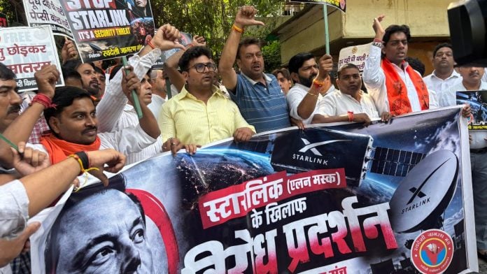 Protestors from Swadeshi Jagran Manch march against Elon Musk and Starlink, 23 October 2026 | Vitasta Kaul | ThePrint
