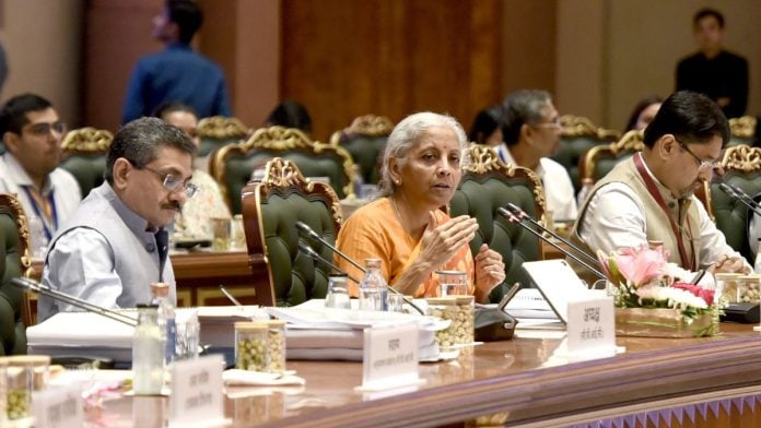 The Union Minister for Finance and Corporate Affairs Nirmala Sitharaman chairs the 57th meeting of the GST Council at Bharat Mandapam, New Delhi, on 8 October | Source: Ministry of Finance