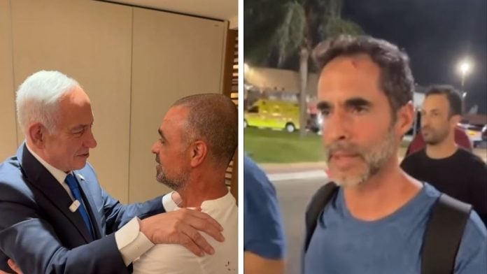 (L) Benjamin Netanyahu greets Yaniv Hayun on his return. (R) Asaf Rejwan after his return to Tel Aviv. Images: screengrabs from @IsraelMFA