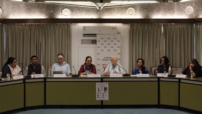 From left, Ila Joshi, Abhishek Pratap Singh, Eloise Wright, Ritu Agarwal, Patricia Uberoi, Govind Kelkar, Swargajyoti Gohain and Alka Acharya at discussion in New Delhi on 17 October, 2026 | Ananya Deshpande/ThePrint