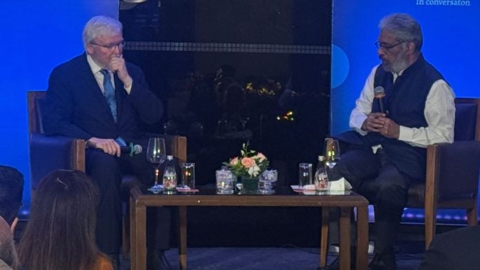 Former Australian prime minister Kevin Rudd (left) in a conversation with C Raja Mohan, a professor at Jindal Global University in Mumbai's Trident Hotel | Tarini Unnikrishnan, ThePrint