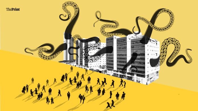 Private healthcare and English-medium education are what aspirational families in small-town India want for themselves and their children. Increasingly, it is the local conglomerates, aka the 'octopus', that provide these services. | Illustration: Shruti Naithani | ThePrint