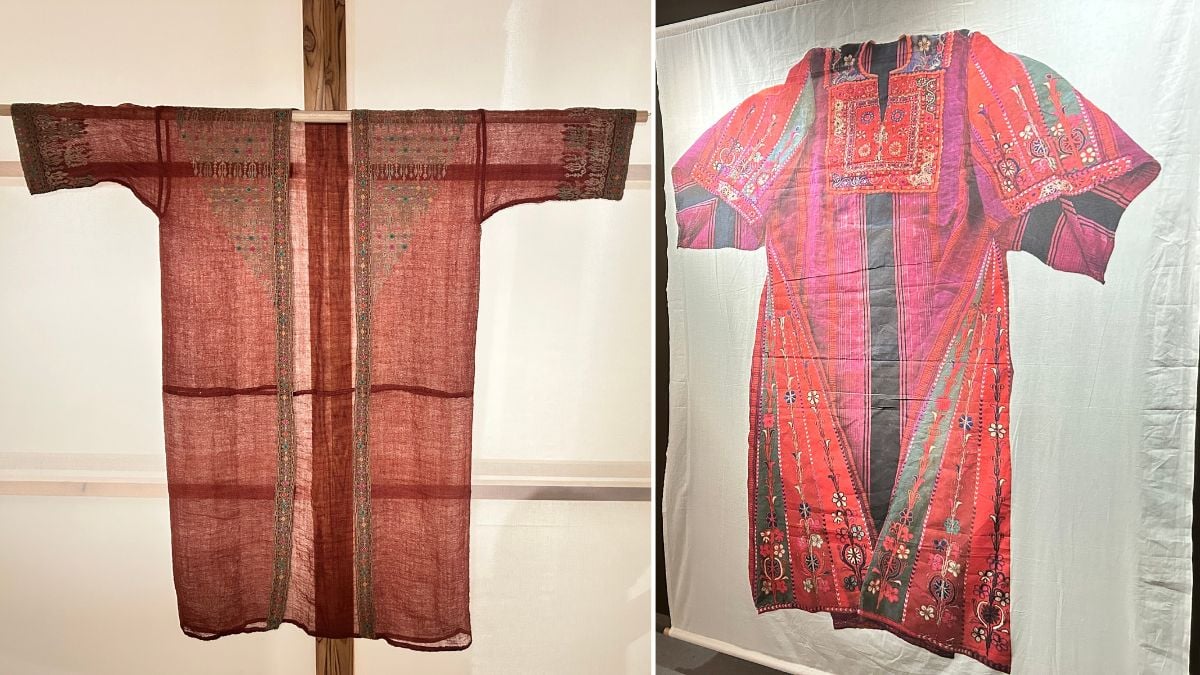 A choga (left) and a print of the Royal Bethlehemite Dress, both from Palestine, on display | Manisha Mondal | ThePrint