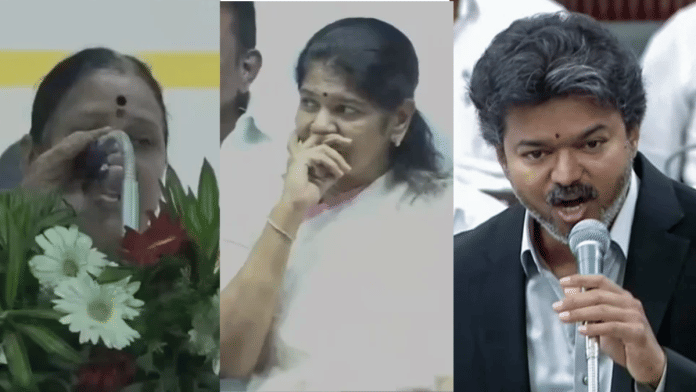 Screenshots from DMK councillor Sudha Deenadayalan's speech showed Kanimozhi seemingly uncomfortable as the former made remarks about Tamil Nadu CM Vijay | Source: X