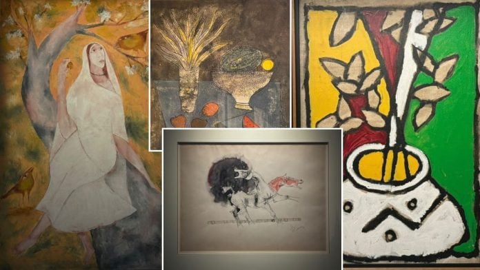 Works by Haku Shah, MF Husain, and Badri Narayan on display at Thapar Art Gallery, New Delhi | Sakshi Mehra | ThePrint