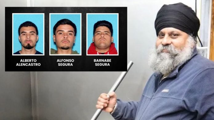 File photo of Avtar Singh, the victim; (inset) mugshots of the three suspects | gofundme.com, San Joaquin County Sheriff's Office