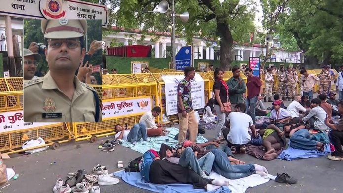 Protesters stage sit-in demonstration outside the Parliament Street Police Station following allegations of harassment against women by Delhi Police personnel in New Delhi Monday; (inset) ACP Vivek Bhagat | ANI Video Grab, X: @MahuaMoitra