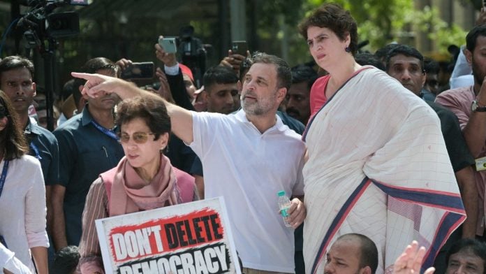 Congress leaders Rahul and Priyanka Gandhi with other party leaders during the march to Election Commission of India headquarters Tuesday | Suraj Singh Bisht | ThePrint