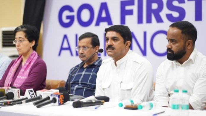 Goa Forward Party (GFP) chief Vijai Sardesai with Aam Aadmi Party leaders Arvind Kejriwal and Atishi at a press conference last month to announce the 'Goa First' alliance | X: @VijaiSardesai