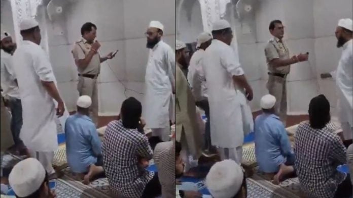 The Delhi Police personnel seen issuing the advisory at a mosque in Old Delhi in a video being circulated on social media | Grab via X