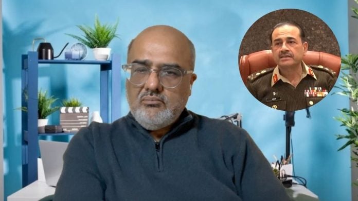Shehzad Akbar, former accountability minister in Imran Khan’s government, in conversation with ThePrint; (inset) file photo of Pakistan military chief | ThePrint Team; X: @OfficialDGISPR