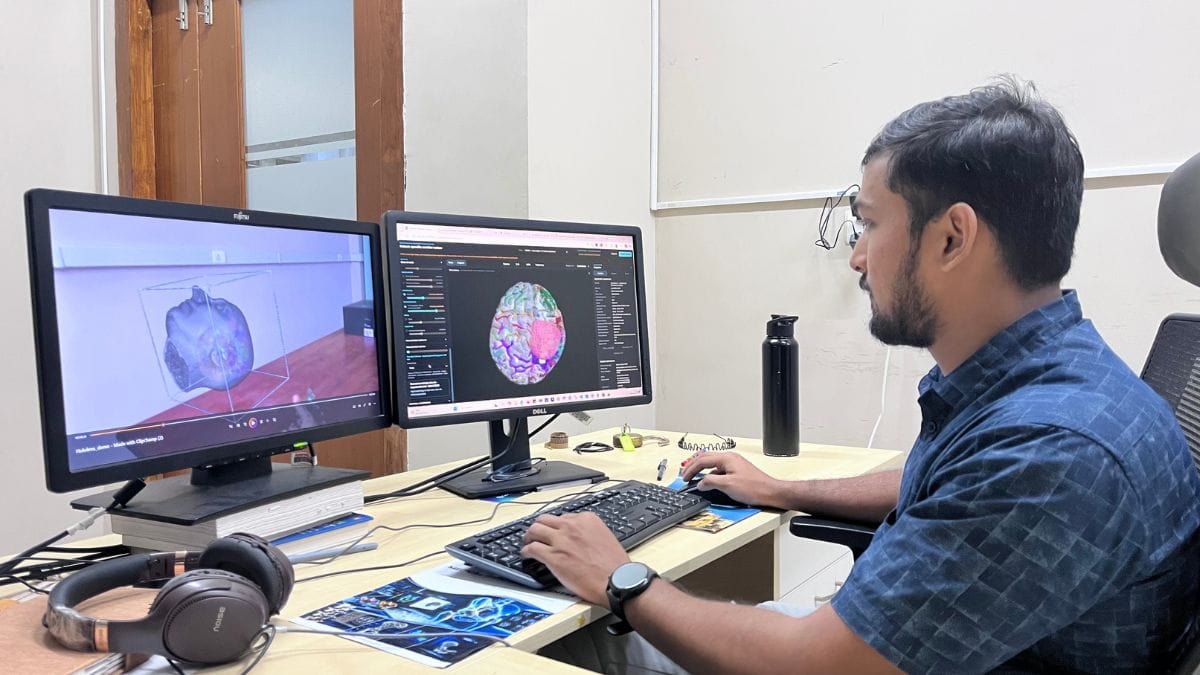 Naveen Kumar, a PhD researcher who trained as an electrical engineer, works on a 3D brain model built from MRI scans | Sneha Richhariya/ThePrint