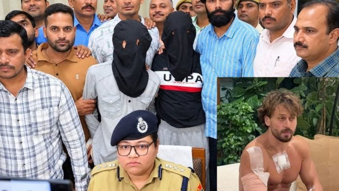 Kota SP Tejaswini Gautam and her team after taking the accused shooters into custody; (inset) actor Tiger Shroff after the incident | By special arrangement; ANI