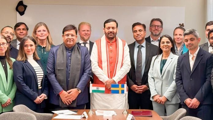Haryana Chief Minister Nayab Singh Saini (centre) & Urban Local Bodies Minister Vipul Goel with Swedish officials last week | X: @NayabSainiBJP