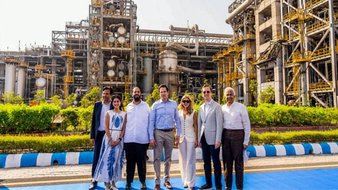 Reliance Industries Executive Director Anant Ambani and his wife Radhika Merchant pose for a group picture with US Secretary of State Marco Rubio, US Ambassador to India Sergio Gor, and other dignitaries at Reliance Industries’ refinery in Jamnagar on Wednesday | ANI Photo