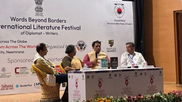 (Left-right) Ajay Bisaria, former Indian High Commissioner to Pakistan; Ruchi Ghanashyam, former Indian High Commissioner to UK; Sreeram Chaulia of O.P. Jindal Global University, the panel moderator; and T.C.A. Raghavan, former High Commissioner to Pakistan at the Words Beyond Borders International Literature Festival in Neemrana, Rajasthan Monday | Keshav Padmanabhan/ThePrint